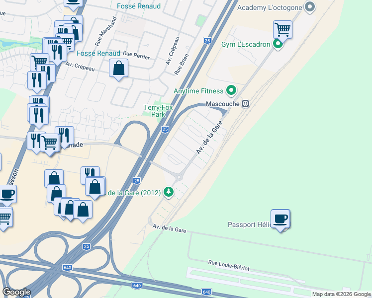 map of restaurants, bars, coffee shops, grocery stores, and more near 2271 Avenue de la Gare in Mascouche