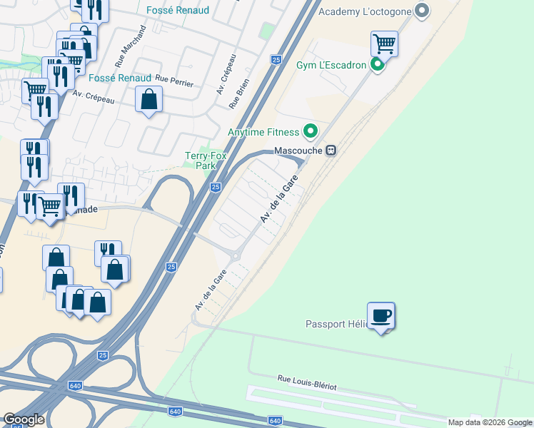 map of restaurants, bars, coffee shops, grocery stores, and more near 1719 Avenue de la Gare in Mascouche