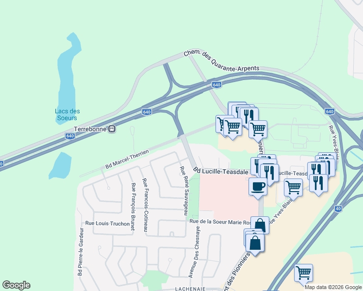 map of restaurants, bars, coffee shops, grocery stores, and more near 593 Boulevard Lucille-Teasdale in Terrebonne