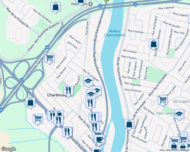 map of restaurants, bars, coffee shops, grocery stores, and more near 45 Rue Saint Jacques in Charlemagne