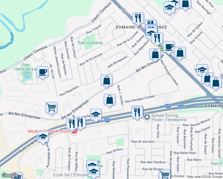map of restaurants, bars, coffee shops, grocery stores, and more near 3440 Boulevard des Entreprises in Terrebonne