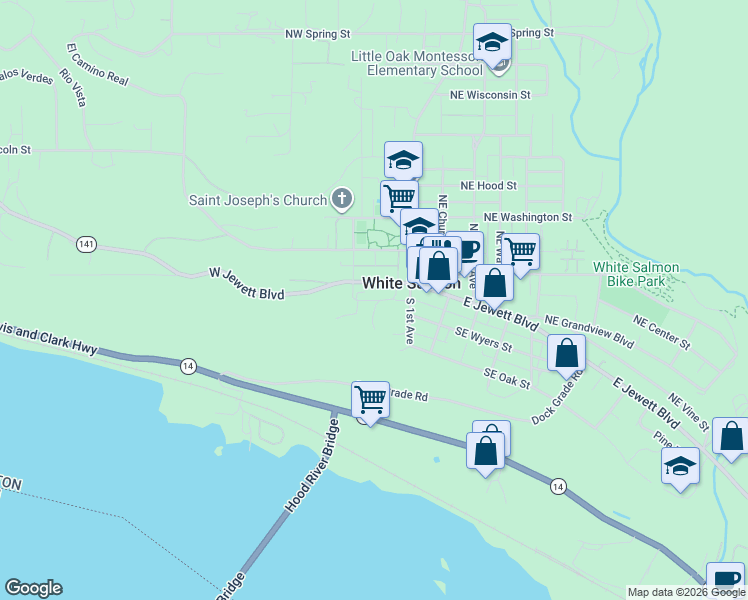 map of restaurants, bars, coffee shops, grocery stores, and more near Overlanders Drive in White Salmon