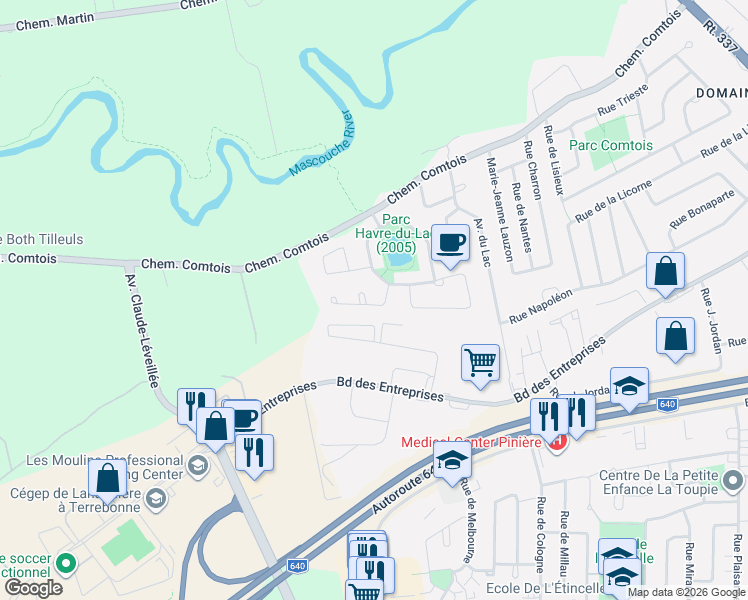 map of restaurants, bars, coffee shops, grocery stores, and more near 2322 Rue des Iris in Terrebonne