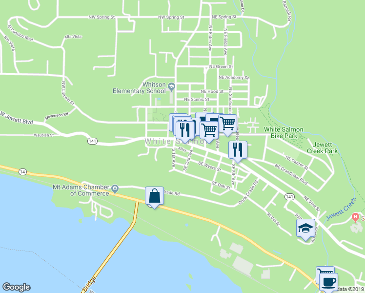 map of restaurants, bars, coffee shops, grocery stores, and more near in White Salmon