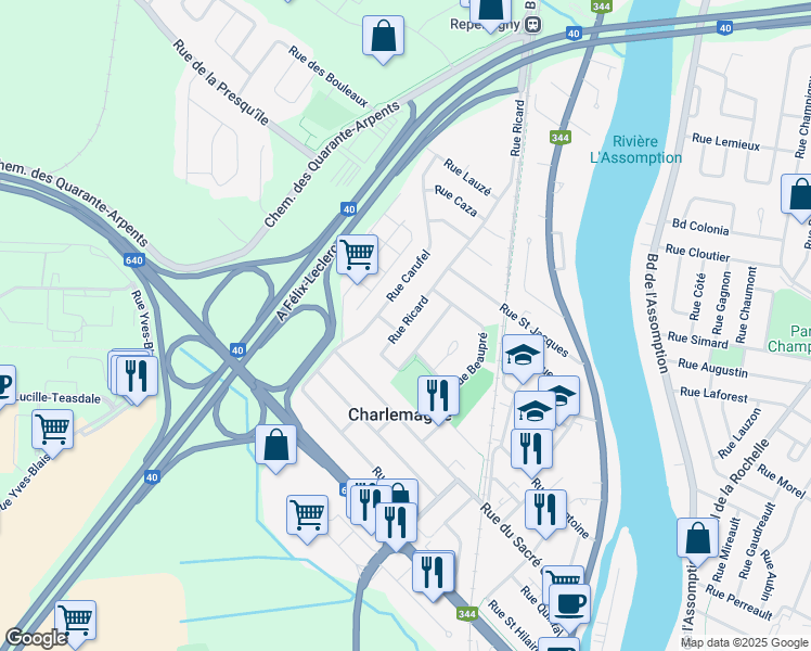 map of restaurants, bars, coffee shops, grocery stores, and more near 232 Rue Ricard in Charlemagne