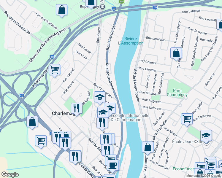 map of restaurants, bars, coffee shops, grocery stores, and more near 2 Rue Archambault in Charlemagne