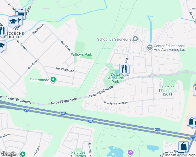 map of restaurants, bars, coffee shops, grocery stores, and more near 409 Place du Louvre in Mascouche