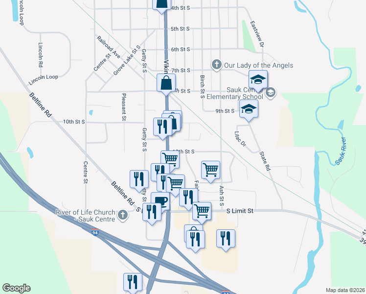 map of restaurants, bars, coffee shops, grocery stores, and more near 404 10th Street South in Sauk Centre