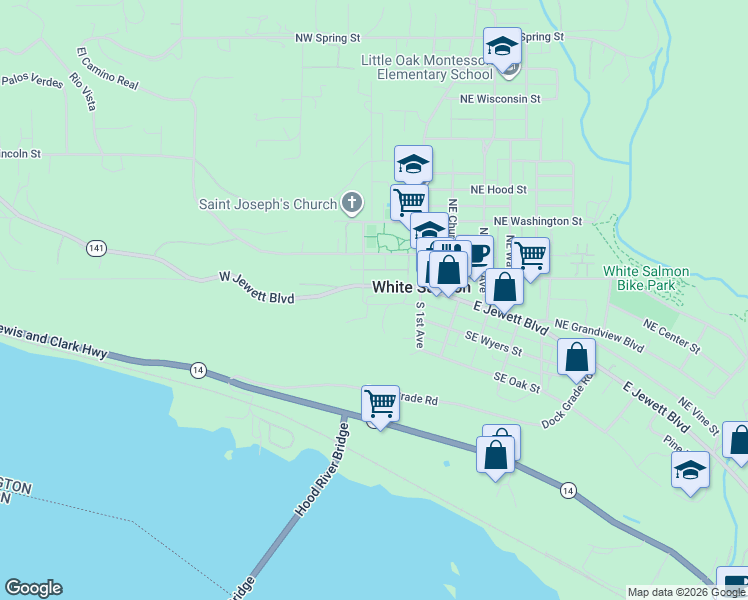 map of restaurants, bars, coffee shops, grocery stores, and more near Overlanders Drive in White Salmon