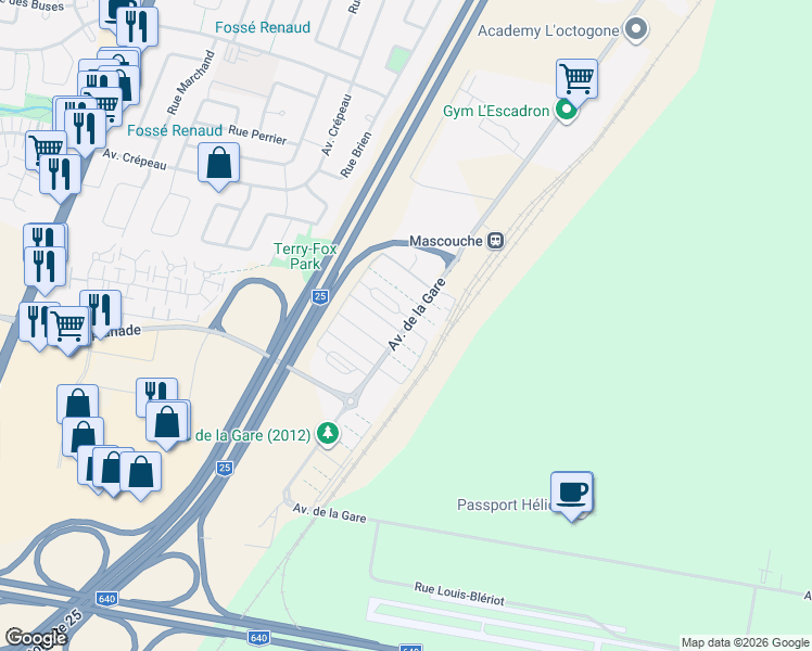 map of restaurants, bars, coffee shops, grocery stores, and more near 1975 Avenue de la Gare in Mascouche