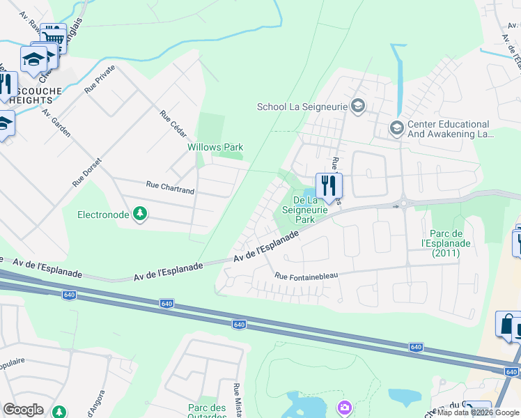 map of restaurants, bars, coffee shops, grocery stores, and more near 411 Place du Louvre in Mascouche