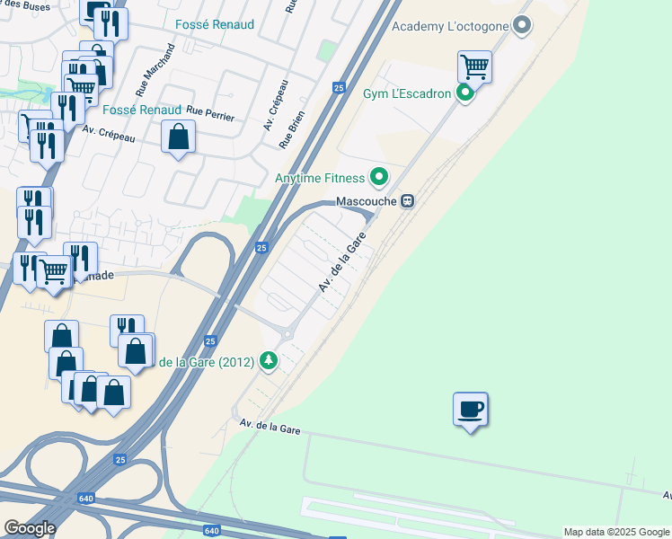 map of restaurants, bars, coffee shops, grocery stores, and more near 2724 Avenue de la Gare in Mascouche