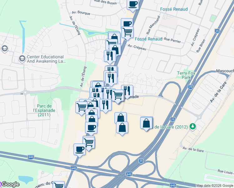 map of restaurants, bars, coffee shops, grocery stores, and more near 180 Rue Bohémier in Mascouche