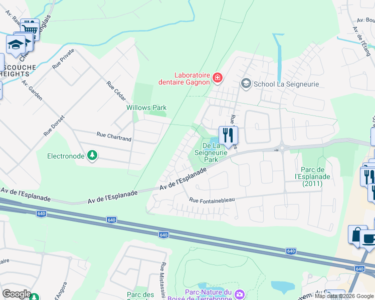 map of restaurants, bars, coffee shops, grocery stores, and more near 470 Place du Louvre in Mascouche
