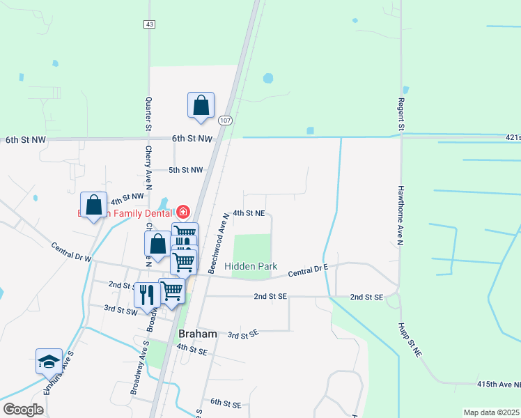 map of restaurants, bars, coffee shops, grocery stores, and more near 320 4th Street Northeast in Braham
