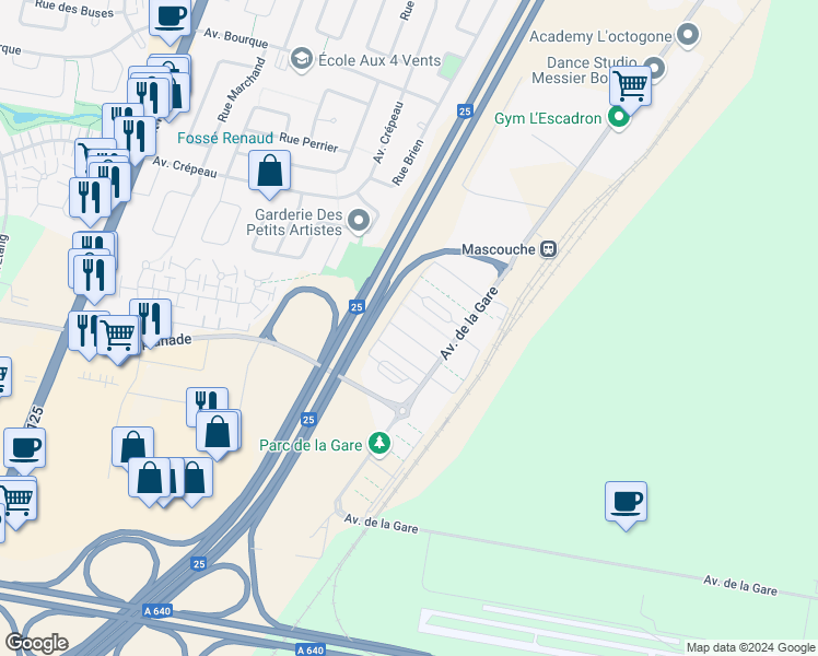 map of restaurants, bars, coffee shops, grocery stores, and more near 2191 Avenue de la Gare in Mascouche