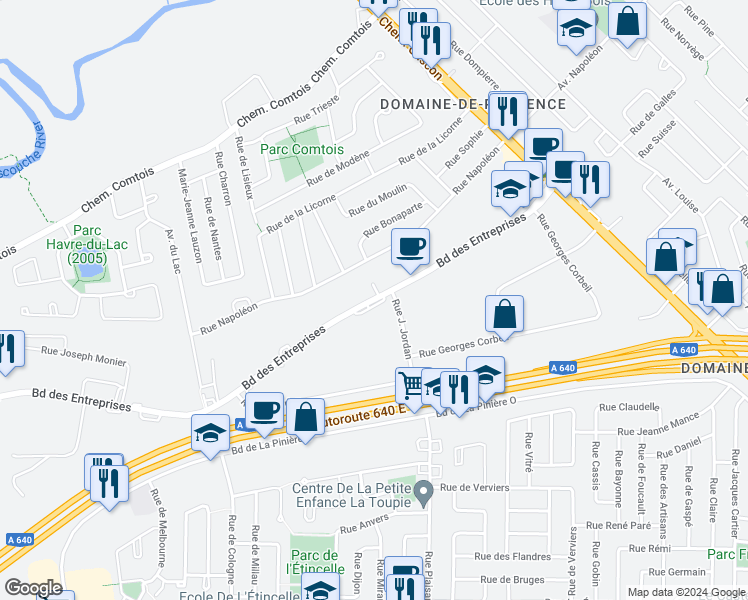 map of restaurants, bars, coffee shops, grocery stores, and more near 3440 Boulevard des Entreprises in Terrebonne
