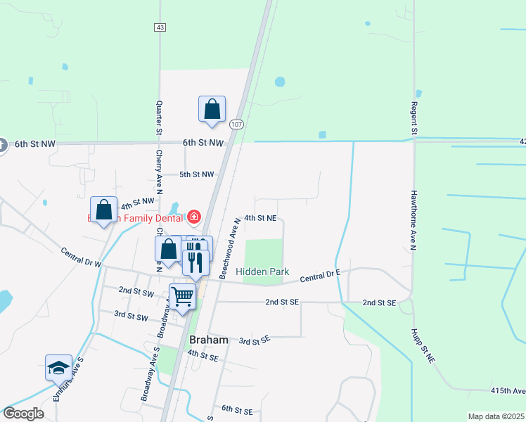 map of restaurants, bars, coffee shops, grocery stores, and more near 320 4th Street Northeast in Braham