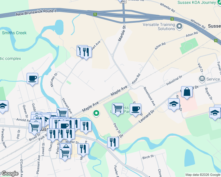 map of restaurants, bars, coffee shops, grocery stores, and more near 10 Freeze Court in Sussex