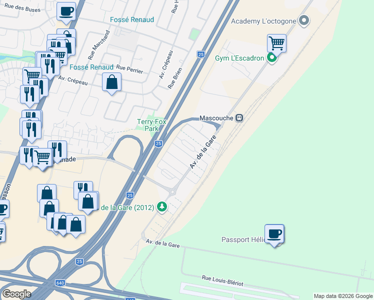 map of restaurants, bars, coffee shops, grocery stores, and more near 1995 Avenue de la Gare in Mascouche