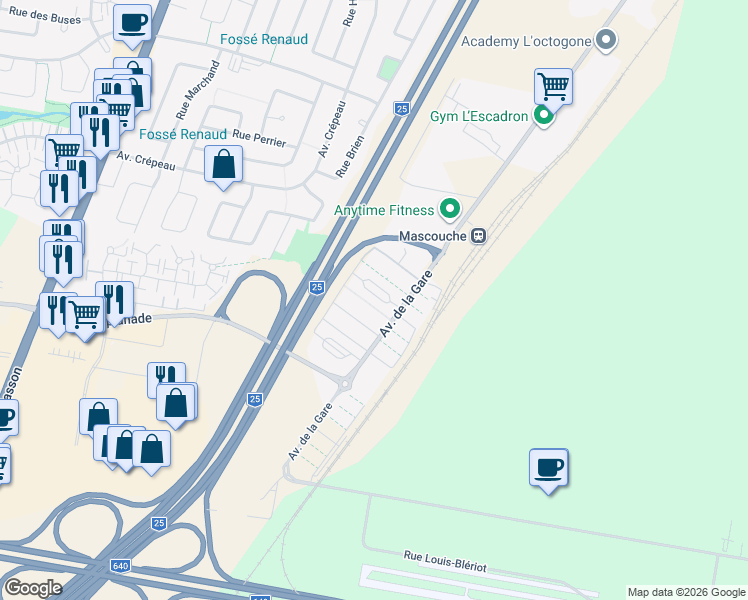 map of restaurants, bars, coffee shops, grocery stores, and more near 1995 Avenue de la Gare in Mascouche