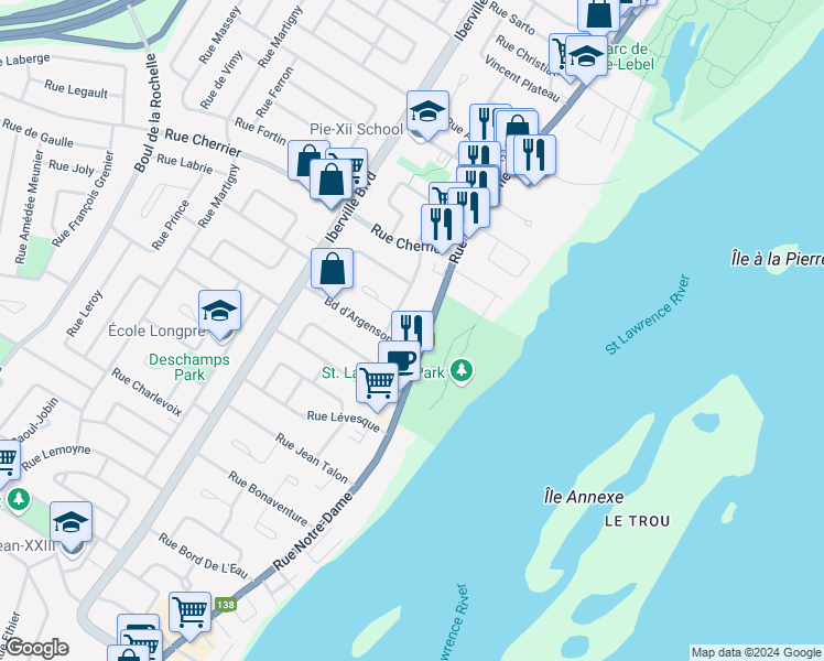 map of restaurants, bars, coffee shops, grocery stores, and more near 295 Rue Notre Dame in Repentigny
