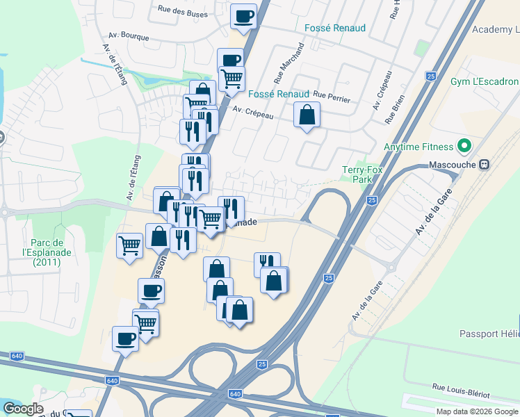 map of restaurants, bars, coffee shops, grocery stores, and more near 225 Rue Bohémier in Mascouche