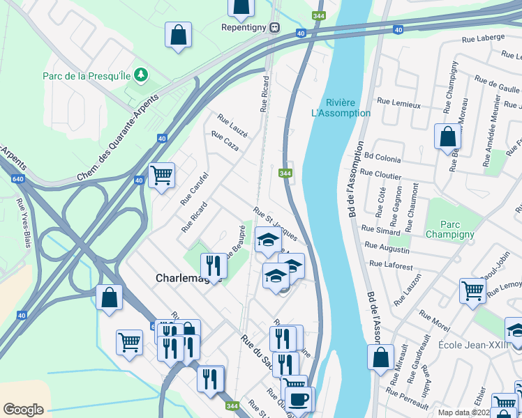 map of restaurants, bars, coffee shops, grocery stores, and more near 93 Rue Saint Jacques in Charlemagne