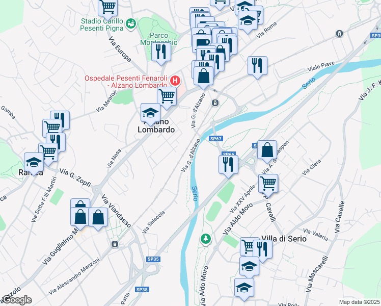 map of restaurants, bars, coffee shops, grocery stores, and more near 24A Via G. d'Alzano in Alzano Lombardo