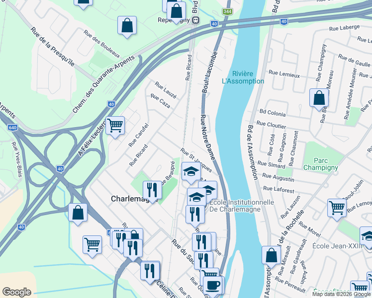 map of restaurants, bars, coffee shops, grocery stores, and more near 93 Rue Saint Jacques in Charlemagne