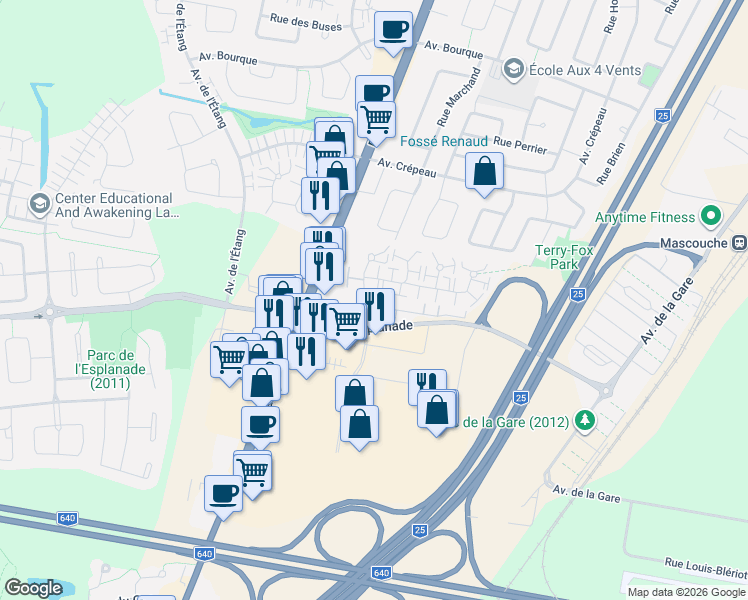 map of restaurants, bars, coffee shops, grocery stores, and more near 255 Rue Bohémier in Mascouche