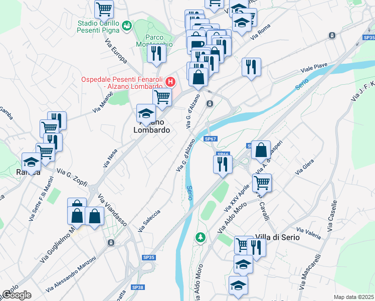 map of restaurants, bars, coffee shops, grocery stores, and more near 24A Via G. d'Alzano in Provincia di Bergamo