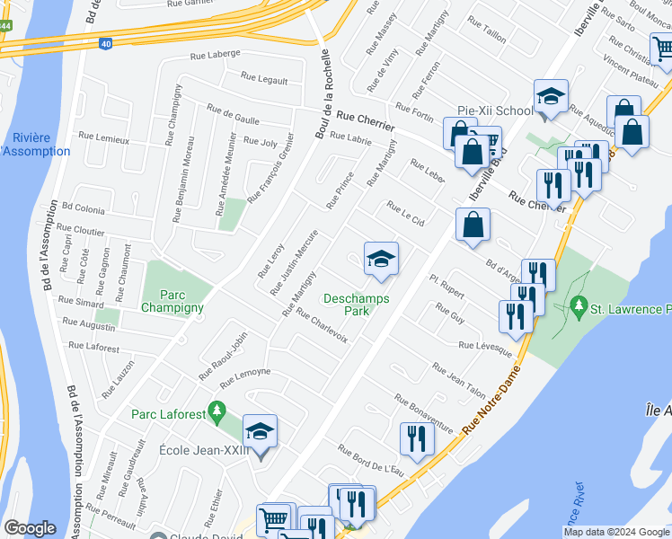 map of restaurants, bars, coffee shops, grocery stores, and more near 40 Rue de Bretagne in Repentigny