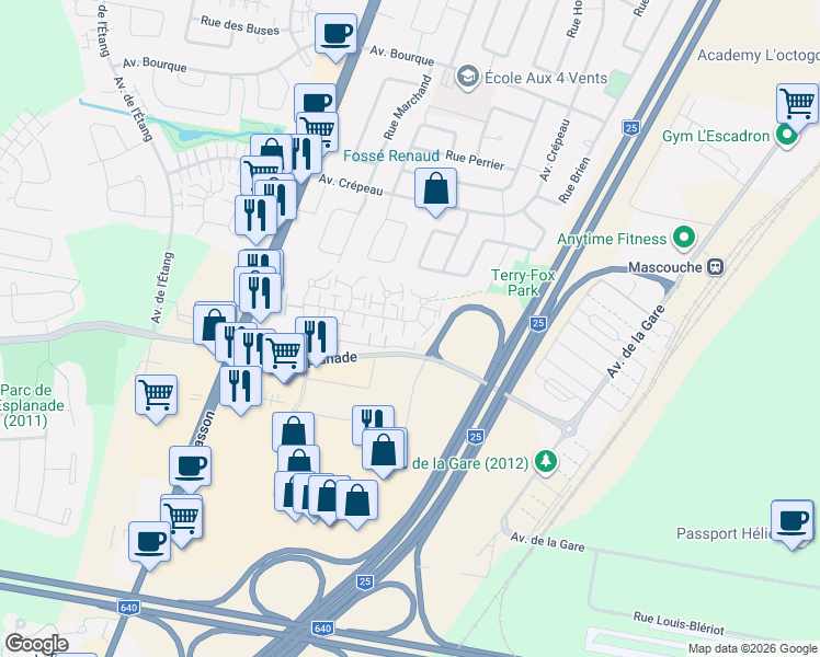 map of restaurants, bars, coffee shops, grocery stores, and more near 340 Rue Dalpé in Mascouche