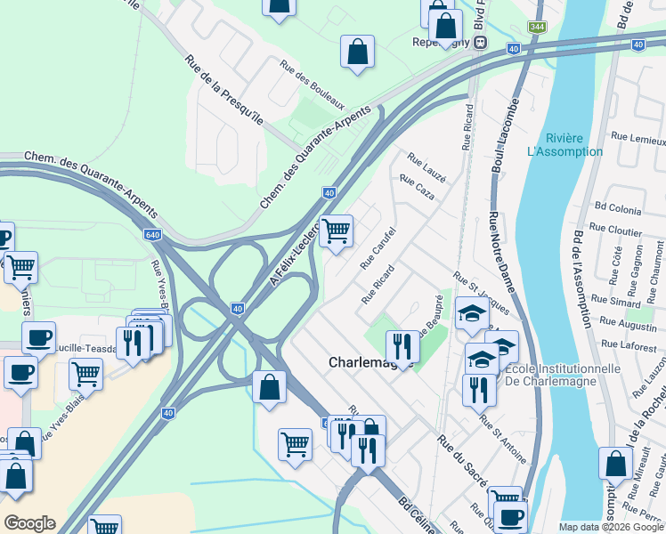 map of restaurants, bars, coffee shops, grocery stores, and more near 10 Rue des Manoirs in Charlemagne