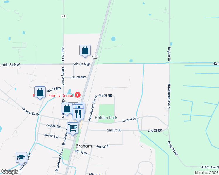 map of restaurants, bars, coffee shops, grocery stores, and more near 320 4th Street Northeast in Braham