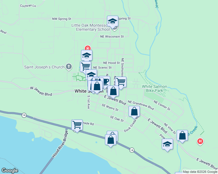 map of restaurants, bars, coffee shops, grocery stores, and more near 65 Northeast Estes Avenue in White Salmon
