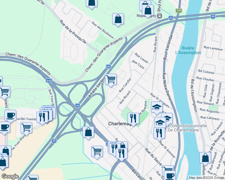 map of restaurants, bars, coffee shops, grocery stores, and more near 20 Rue des Manoirs in Charlemagne