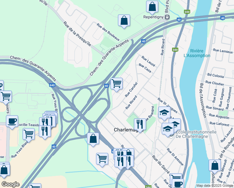 map of restaurants, bars, coffee shops, grocery stores, and more near 20 Rue des Manoirs in Charlemagne