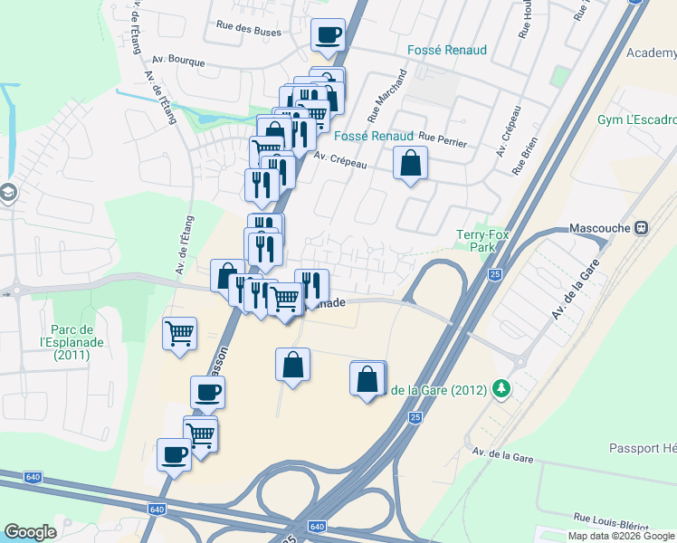 map of restaurants, bars, coffee shops, grocery stores, and more near 280 Rue Dalpé in Mascouche