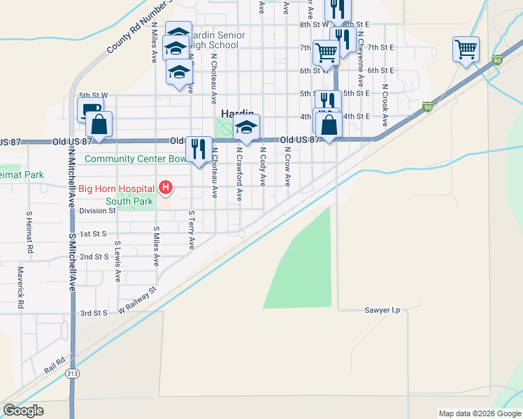 map of restaurants, bars, coffee shops, grocery stores, and more near in Hardin