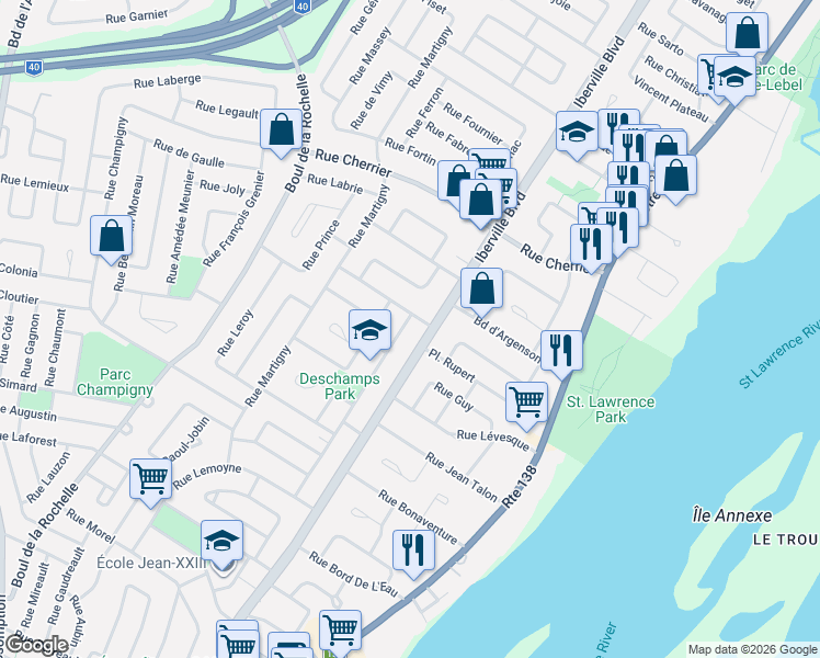 map of restaurants, bars, coffee shops, grocery stores, and more near 266 Rue Lanoue in Repentigny