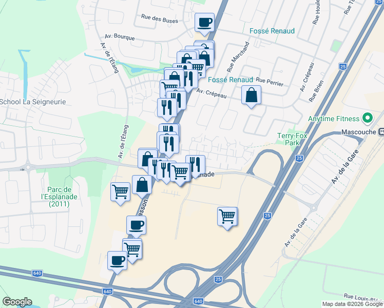 map of restaurants, bars, coffee shops, grocery stores, and more near 295 Rue Bohémier in Mascouche