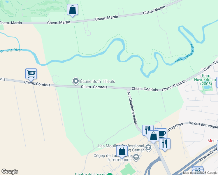 map of restaurants, bars, coffee shops, grocery stores, and more near 2320 Chemin Comtois in Terrebonne