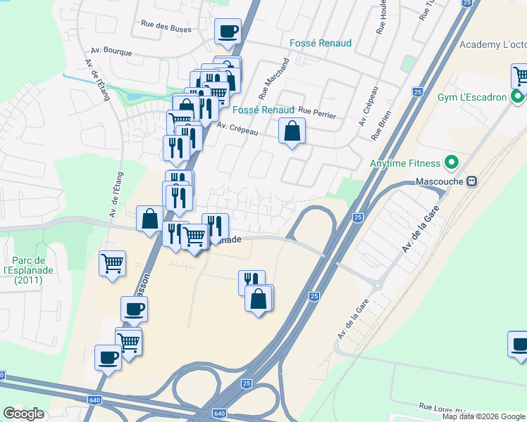 map of restaurants, bars, coffee shops, grocery stores, and more near 325 Rue Dalpé in Mascouche
