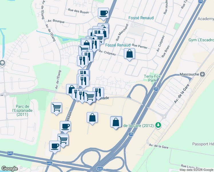 map of restaurants, bars, coffee shops, grocery stores, and more near 280 Rue Dalpé in Mascouche