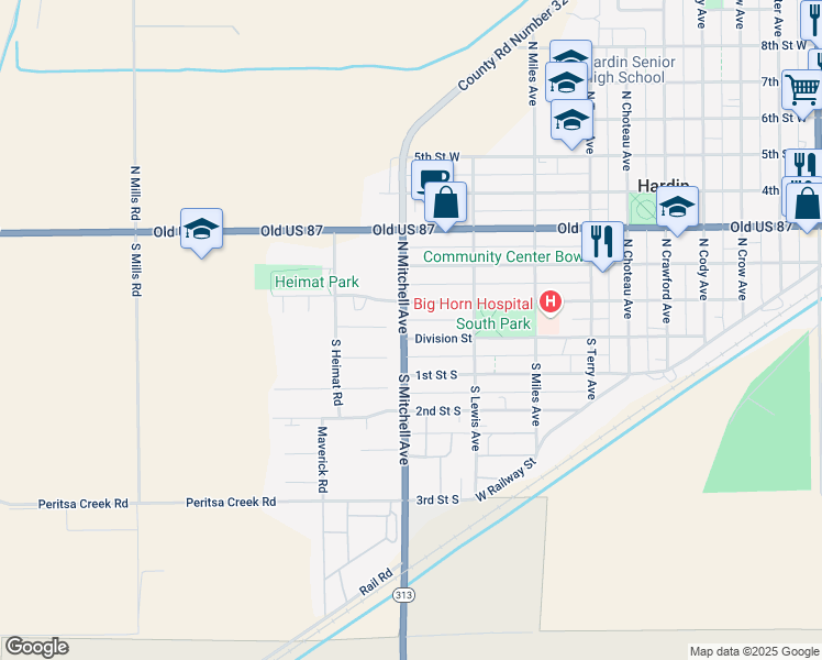 map of restaurants, bars, coffee shops, grocery stores, and more near 5 North Mitchell Avenue in Hardin