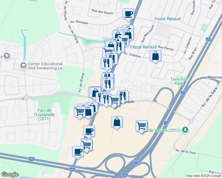 map of restaurants, bars, coffee shops, grocery stores, and more near 321 Montée Masson in Mascouche