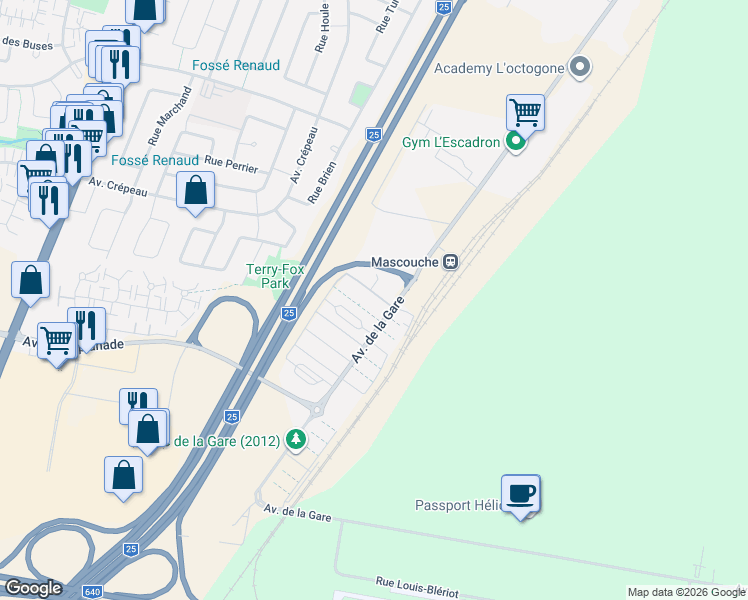 map of restaurants, bars, coffee shops, grocery stores, and more near 1703 Avenue de la Gare in Mascouche