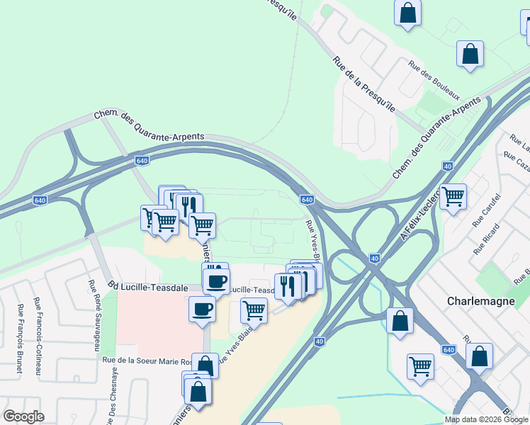 map of restaurants, bars, coffee shops, grocery stores, and more near 1220 Avenue De La Croisée in Terrebonne